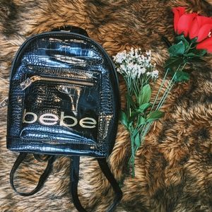 Black Glossy Patent Snakeskin Print Bebe Backpack